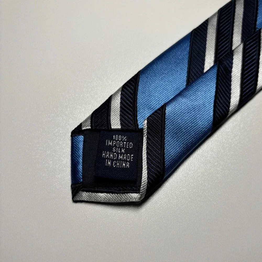 Paul Fredrick Stipped Repp Tie Blue Silver 100% Silk Hand Made Formal Necktie